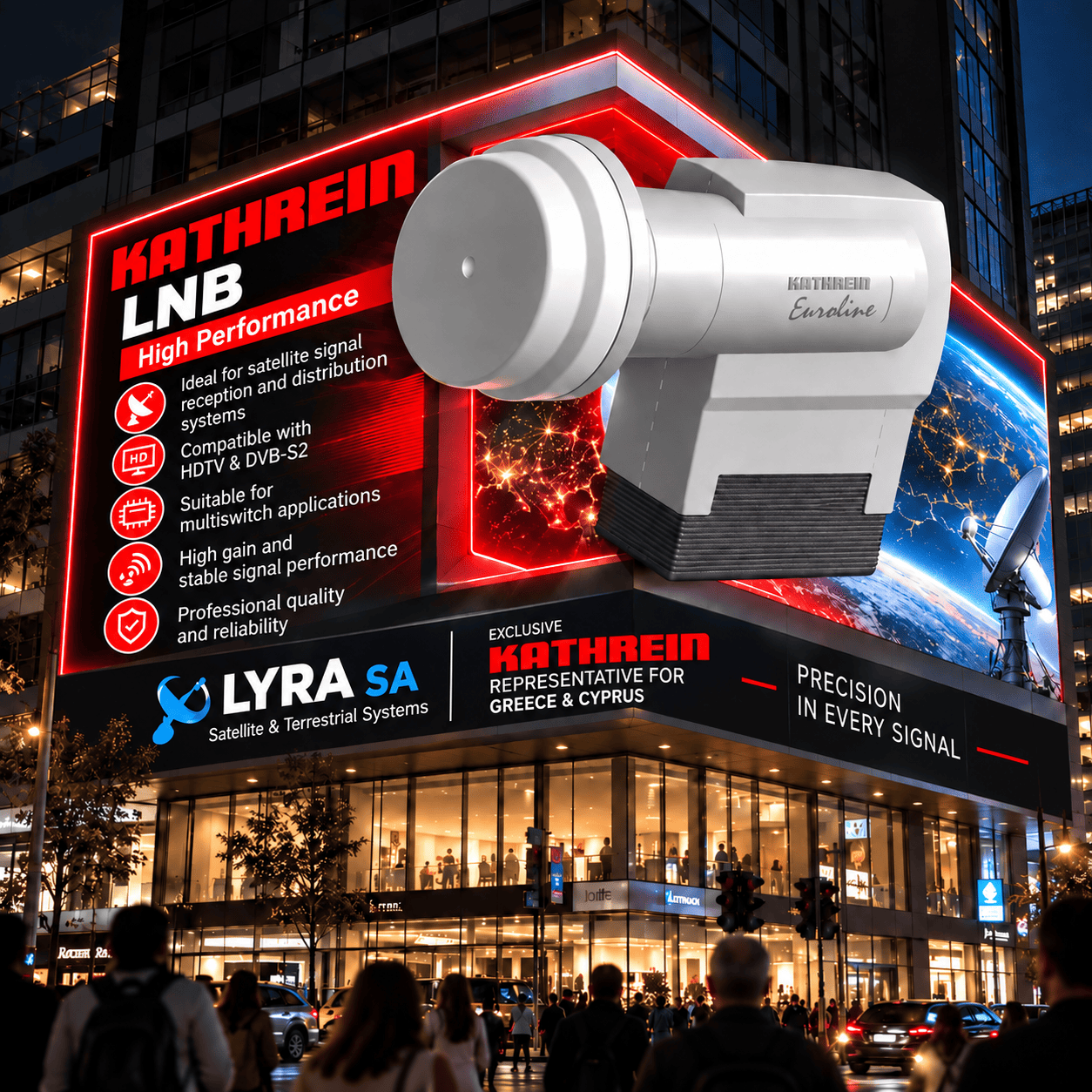 satellite LNB advertisement featuring high-performance satellite signal distribution technology, suitable for multiswitch systems, HDTV and DVB-S2 applications, showcased on an illuminated urban billboard by LYRA SA, exclusive Kathrein representative for Greece and Cyprus.